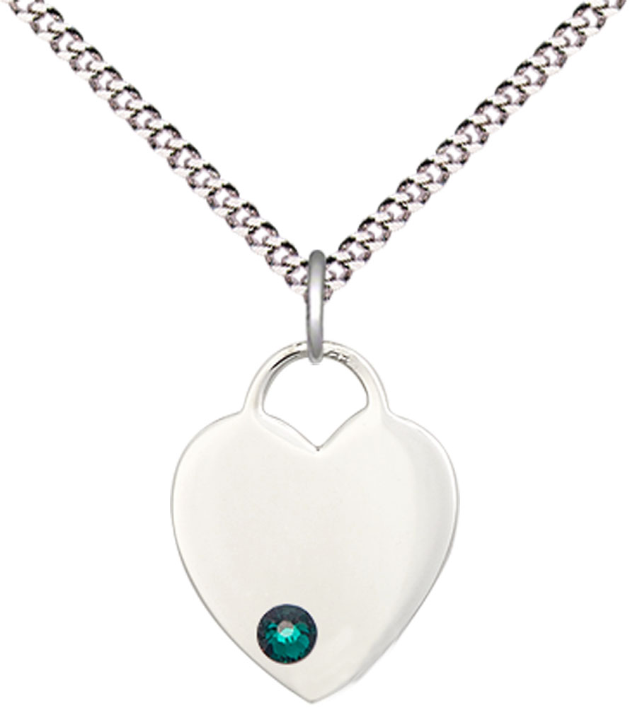 Sterling Silver Heart Pendant with a 3mm Emerald Swarovski stone on a 18 inch Light Rhodium Light Curb chain