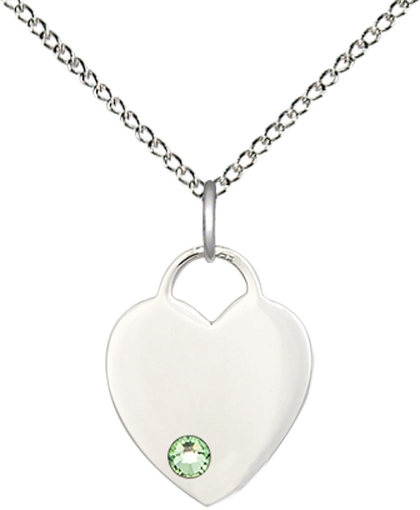 Sterling Silver Heart Pendant with a 3mm Peridot Swarovski stone on a 18 inch Sterling Silver Light Curb chain