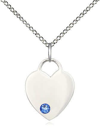 Sterling Silver Heart Pendant with a 3mm Sapphire Swarovski stone on a 18 inch Sterling Silver Light Curb chain