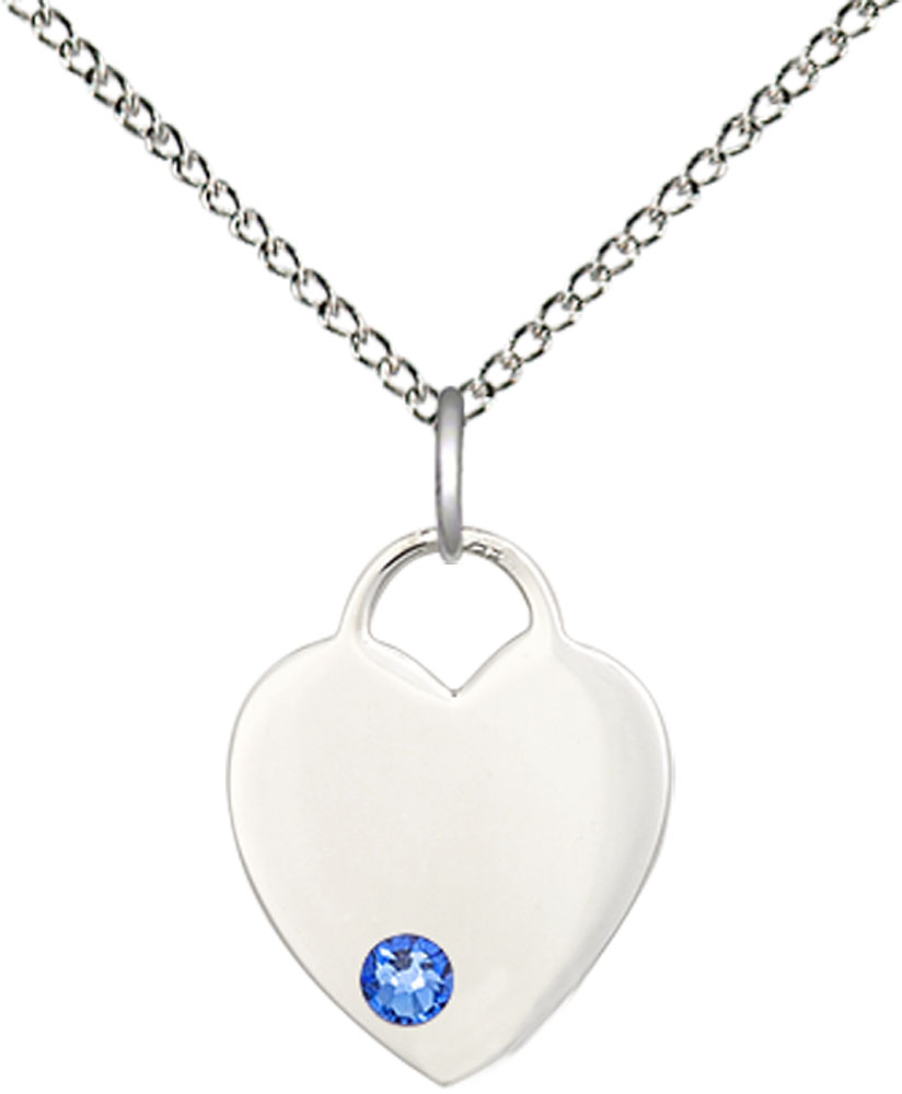Sterling Silver Heart Pendant with a 3mm Sapphire Swarovski stone on a 18 inch Sterling Silver Light Curb chain