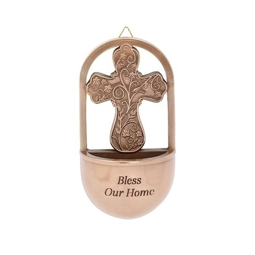 6"H Cross Holy Water Font - Bless Our Home Bronze
