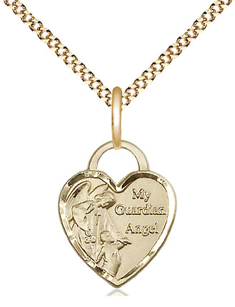 14kt Gold Filled Guardian Angel Heart Pendant on a 18 inch Gold Plate Light Curb chain