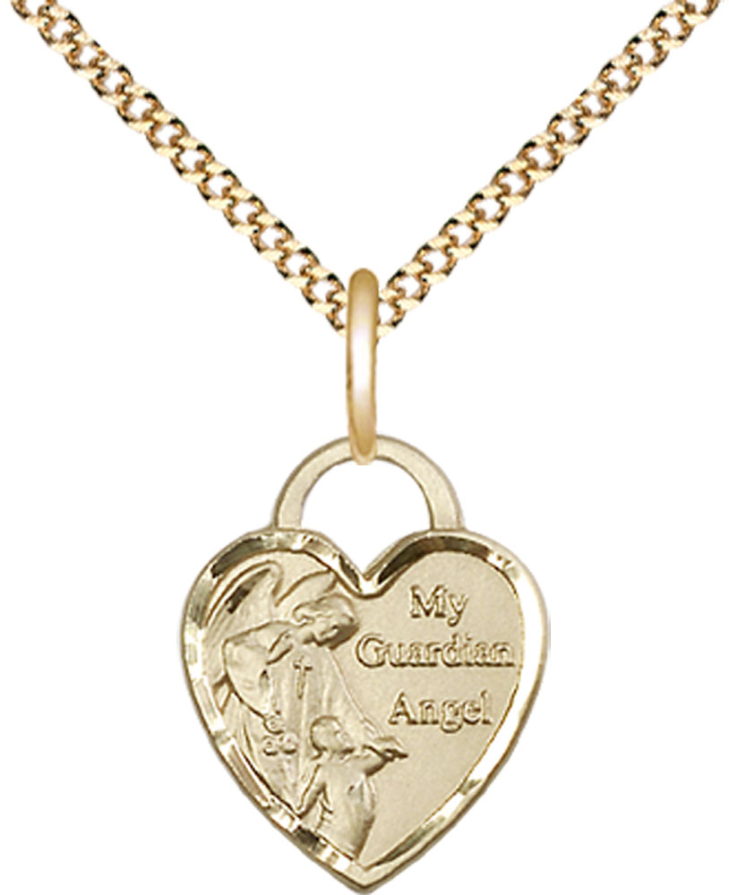 14kt Gold Filled Guardian Angel Heart Pendant on a 18 inch Gold Plate Light Curb chain