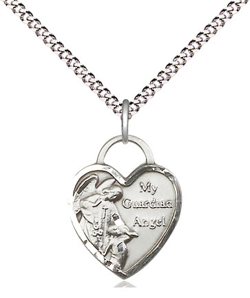 Sterling Silver Guardian Angel Heart Pendant on a 18 inch Light Rhodium Light Curb chain