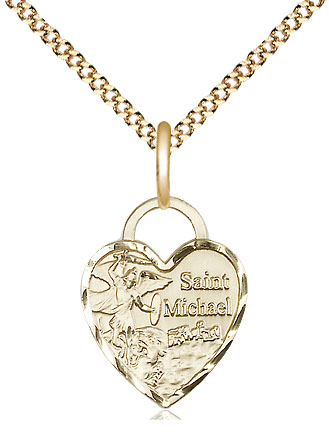 14kt Gold Filled Saint Michael Heart Pendant on a 18 inch Gold Plate Light Curb chain