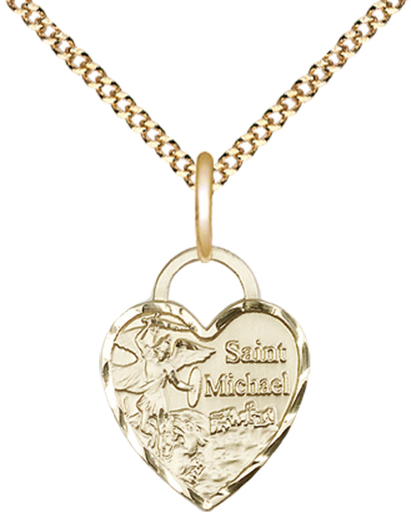 14kt Gold Filled Saint Michael Heart Pendant on a 18 inch Gold Plate Light Curb chain