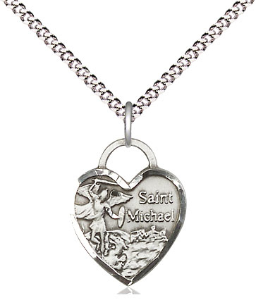 Sterling Silver Saint Michael Heart Pendant on a 18 inch Light Rhodium Light Curb chain