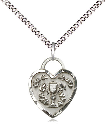 Sterling Silver Communion Heart Pendant on a 18 inch Light Rhodium Light Curb chain