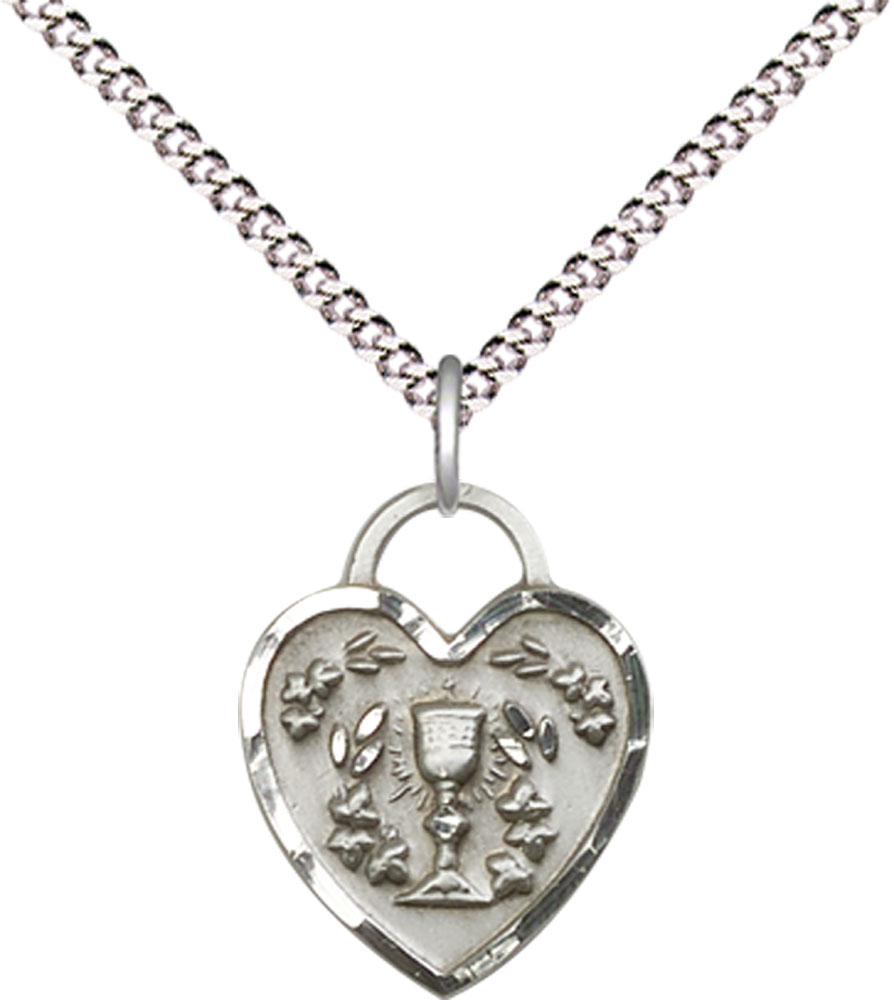Sterling Silver Communion Heart Pendant on a 18 inch Light Rhodium Light Curb chain