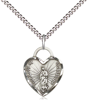 Sterling Silver Our Lady of Guadalupe Heart Pendant on a 18 inch Light Rhodium Light Curb chain