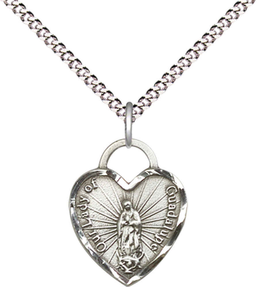 Sterling Silver Our Lady of Guadalupe Heart Pendant on a 18 inch Light Rhodium Light Curb chain
