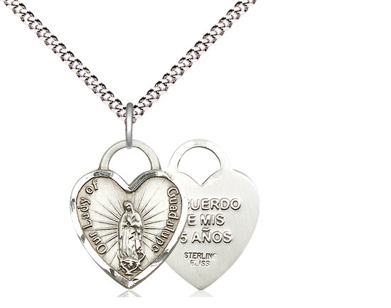 Sterling Silver Our Lady of Guadalupe Heart Pendant on a 18 inch Light Rhodium Light Curb chain