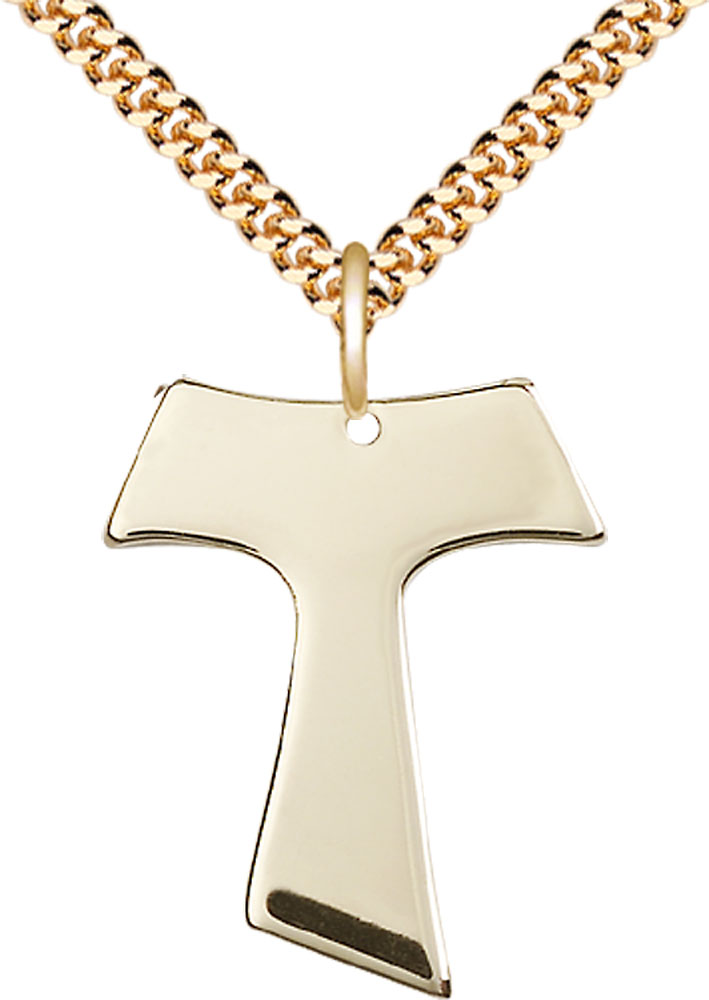 14kt Gold Filled Tau Cross Pendant on a 24 inch Gold Plate Heavy Curb chain