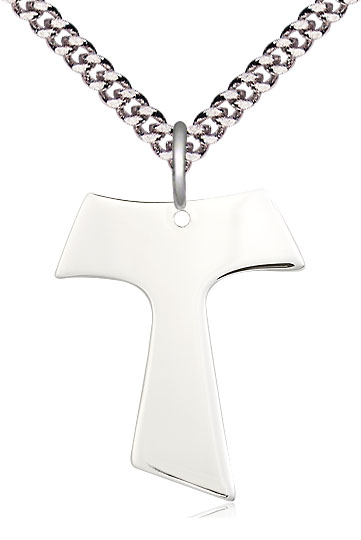 Sterling Silver Tau Cross Pendant on a 24 inch Light Rhodium Heavy Curb chain