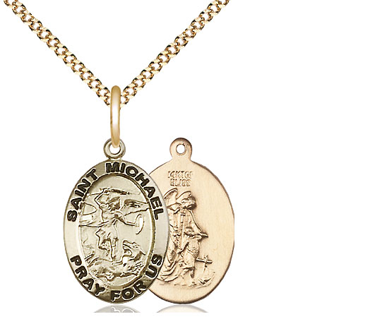 14kt Gold Filled Saint Michael the Archangel Pendant on a 18 inch Gold Plate Light Curb chain