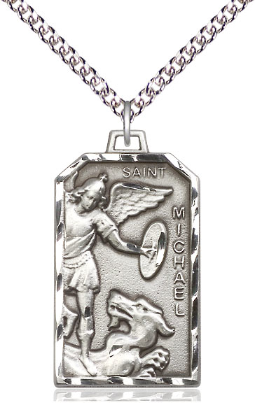 Sterling Silver Saint Michael the Archangel Pendant on a 24 inch Sterling Silver Heavy Curb chain