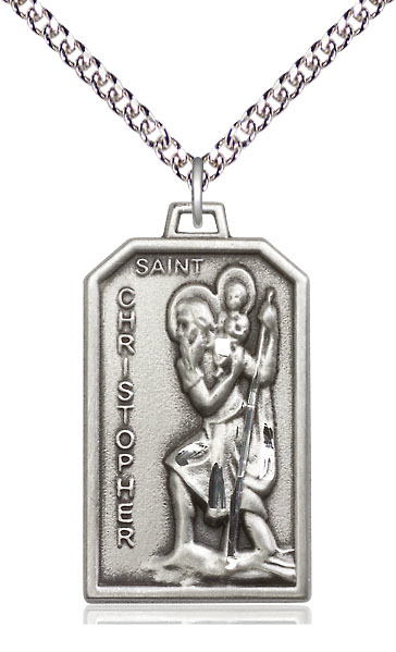 Sterling Silver Saint Christopher Pendant on a 24 inch Sterling Silver Heavy Curb chain