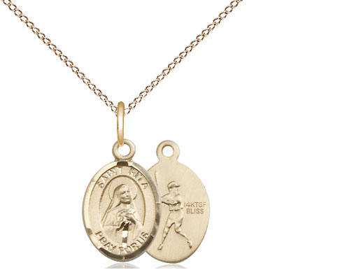 14kt Gold Filled Saint Rita Baseball Pendant on a 18 inch Gold Filled Light Curb chain