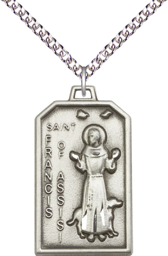 Sterling Silver Saint Francis Pendant on a 24 inch Sterling Silver Heavy Curb chain
