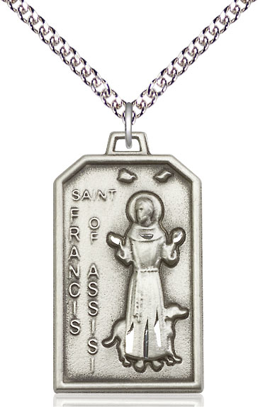 Sterling Silver Saint Francis Pendant on a 24 inch Sterling Silver Heavy Curb chain