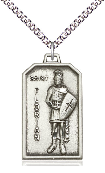 Sterling Silver Saint Florian Pendant on a 24 inch Sterling Silver Heavy Curb chain