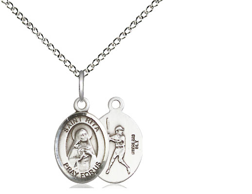 Sterling Silver Saint Rita Baseball Pendant on a 18 inch Sterling Silver Light Curb chain