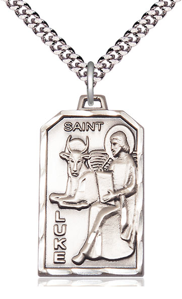 Sterling Silver Saint Luke the Apostle Pendant on a 24 inch Light Rhodium Heavy Curb chain