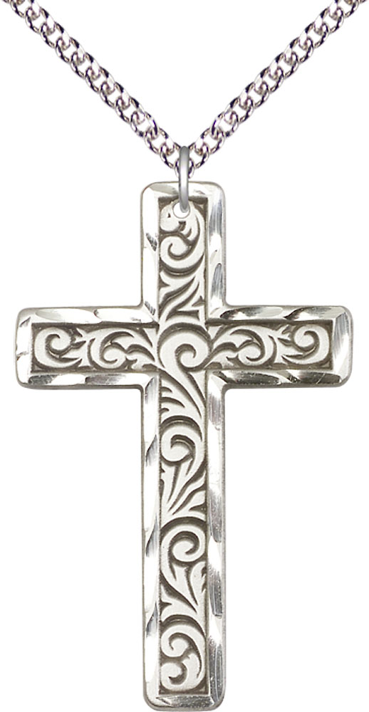 Sterling Silver Knurled Cross Pendant on a 24 inch Sterling Silver Heavy Curb chain