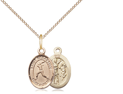 14kt Gold Filled Saint Sebastian  Softball Pendant on a 18 inch Gold Filled Light Curb chain