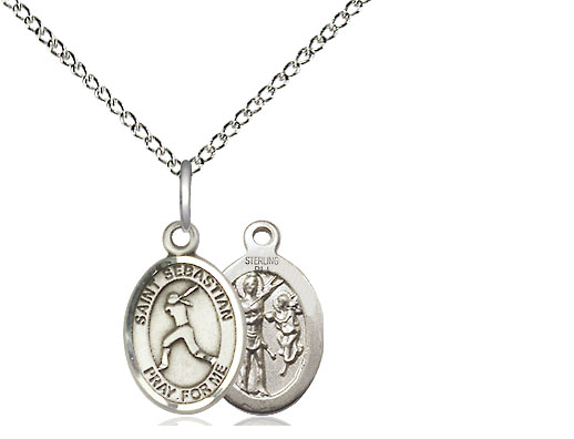 Sterling Silver Saint Sebastian  Softball Pendant on a 18 inch Sterling Silver Light Curb chain