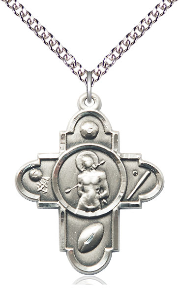 Sterling Silver 5-Way St Sebastian Pendant on a 24 inch Sterling Silver Heavy Curb chain