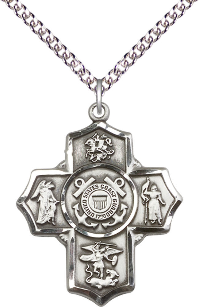 Sterling Silver 5-Way Coast Guard Pendant on a 24 inch Sterling Silver Heavy Curb chain