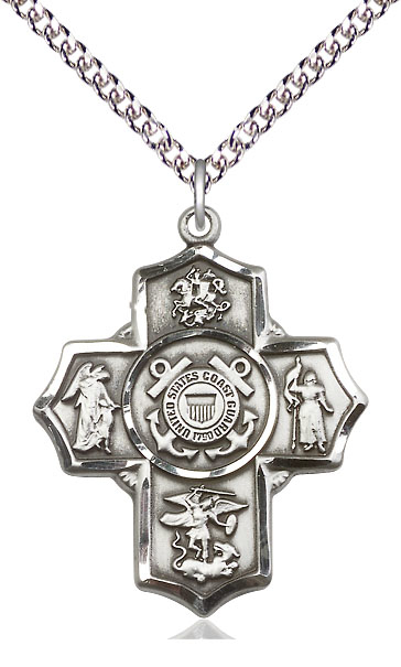 Sterling Silver 5-Way Coast Guard Pendant on a 24 inch Sterling Silver Heavy Curb chain