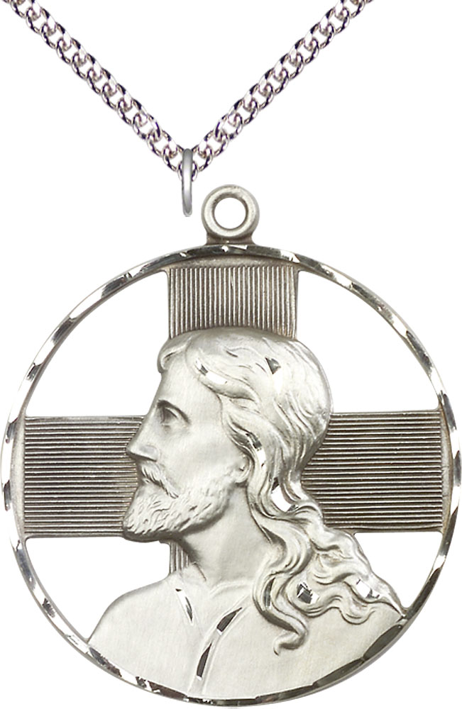 Sterling Silver Christ Profile Pendant on a 24 inch Sterling Silver Heavy Curb chain