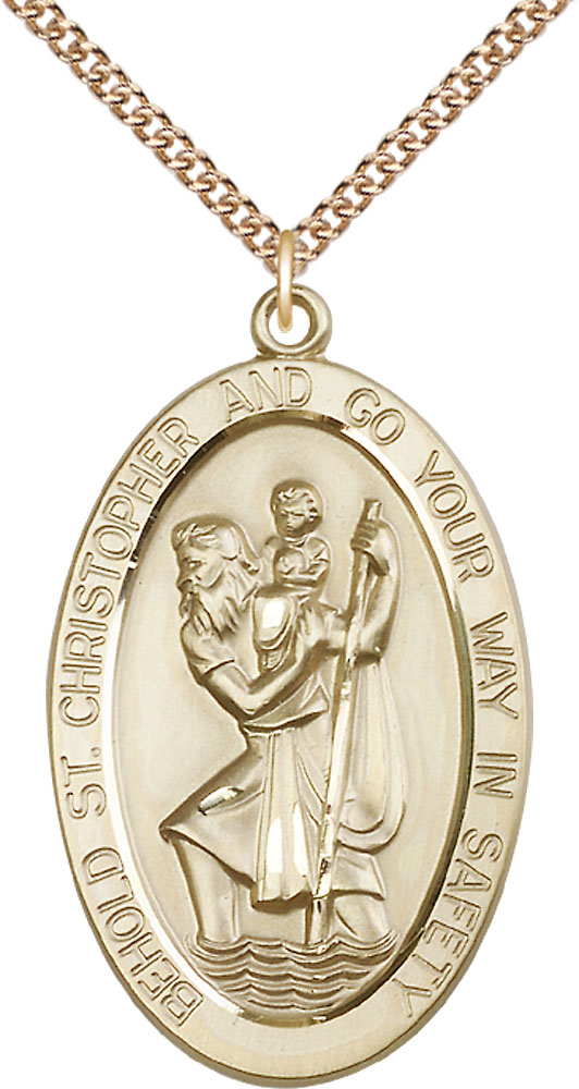 14kt Gold Filled Saint Christopher Pendant on a 24 inch Gold Filled Heavy Curb chain