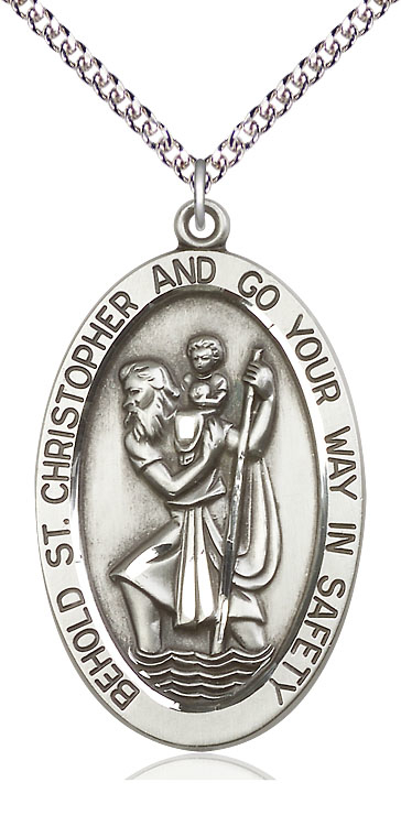 Sterling Silver Saint Christopher Pendant on a 24 inch Sterling Silver Heavy Curb chain