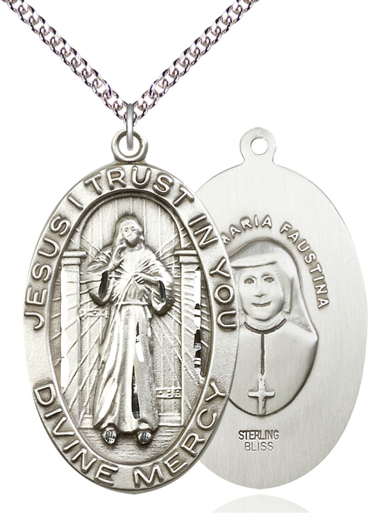 Sterling Silver Divine Mercy Pendant on a 24 inch Sterling Silver Heavy Curb chain