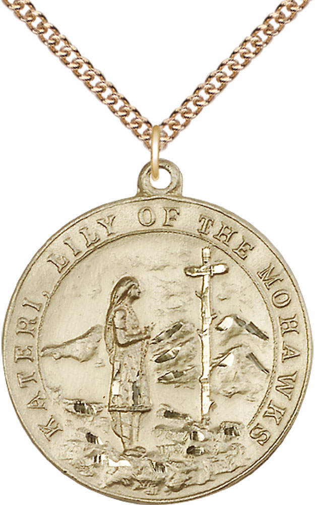 14kt Gold Filled Saint Kateri Pendant on a 24 inch Gold Filled Heavy Curb chain