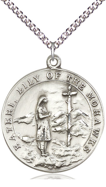 Sterling Silver Saint Kateri Pendant on a 24 inch Sterling Silver Heavy Curb chain