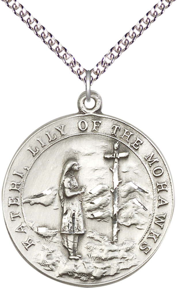 Sterling Silver Saint Kateri Pendant on a 24 inch Sterling Silver Heavy Curb chain
