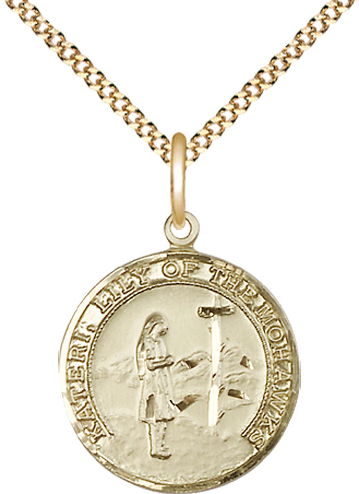 14kt Gold Filled Saint Kateri Pendant on a 18 inch Gold Plate Light Curb chain