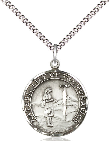 Sterling Silver Saint Kateri Pendant on a 18 inch Light Rhodium Light Curb chain