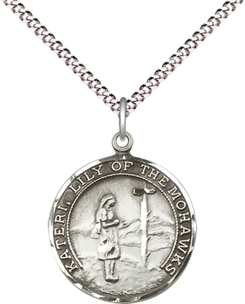 Sterling Silver Saint Kateri Pendant on a 18 inch Light Rhodium Light Curb chain