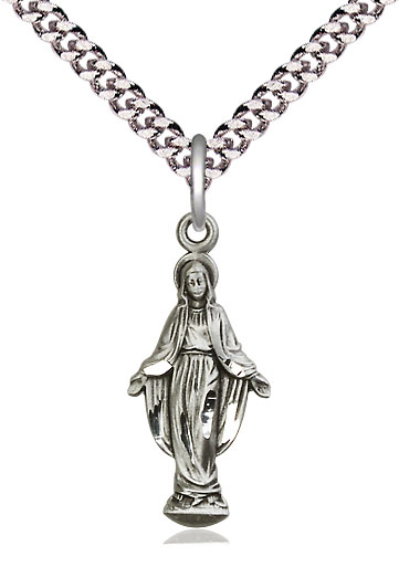 Sterling Silver Miraculous Pendant on a 24 inch Light Rhodium Heavy Curb chain