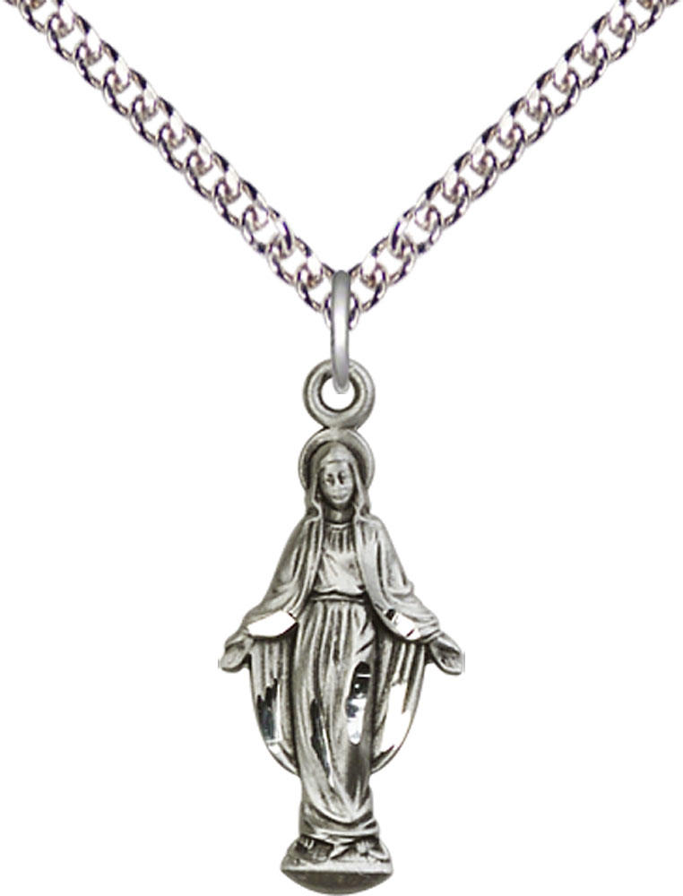 Sterling Silver Miraculous Pendant on a 24 inch Sterling Silver Heavy Curb chain
