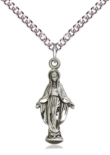 Sterling Silver Miraculous Pendant on a 24 inch Sterling Silver Heavy Curb chain