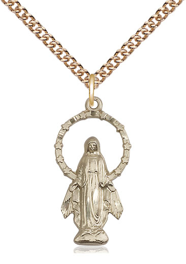 14kt Gold Filled Miraculous Pendant on a 24 inch Gold Filled Heavy Curb chain