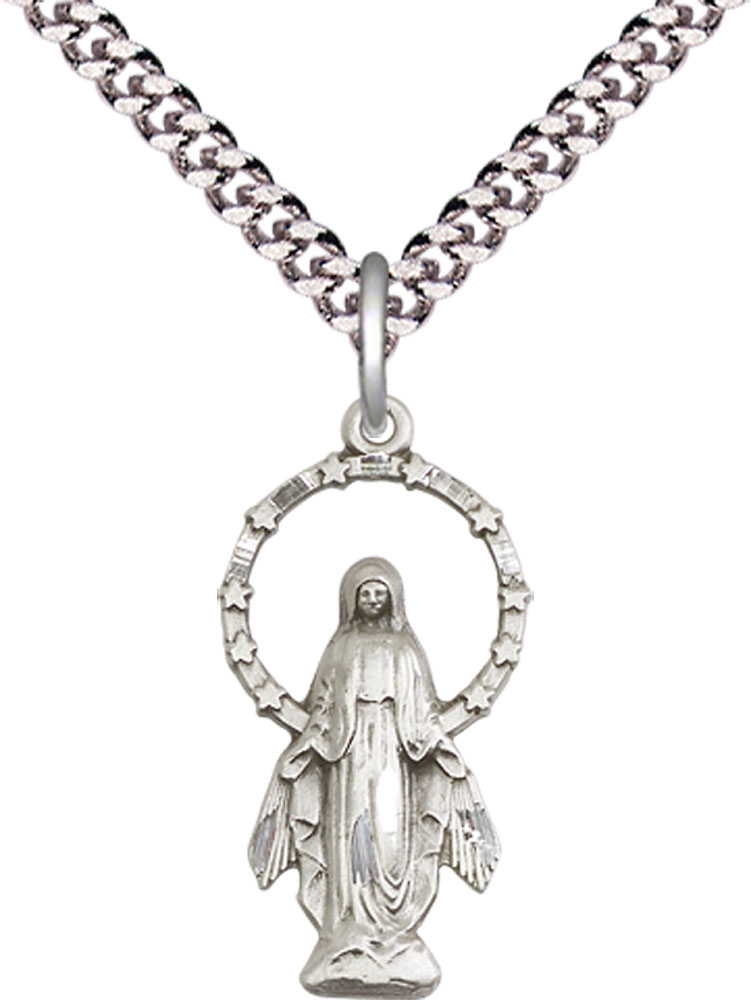 Sterling Silver Miraculous Pendant on a 24 inch Light Rhodium Heavy Curb chain