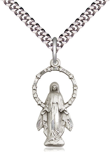 Sterling Silver Miraculous Pendant on a 24 inch Light Rhodium Heavy Curb chain