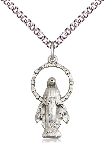 Sterling Silver Miraculous Pendant on a 24 inch Sterling Silver Heavy Curb chain